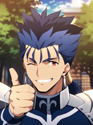 masterpiece, best quality, amazing quality, best aesthetic, absurdres, 1boy, solo, male focus, looking at viewer, lancer_fsn, blue hair, red eyes, long hair, ponytail, spiked hair, fate/stay night, earrings, jewelry, cool grin, happy sign, close up, wink, one eye closed, giving thumbs up, nights, outside, depth of field