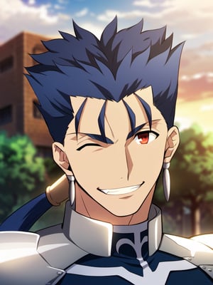 masterpiece, best quality, amazing quality, best aesthetic, absurdres, 1boy, solo, male focus, looking at viewer, lancer_fsn, blue hair, red eyes, long hair, ponytail, spiked hair, fate/stay night, earrings, jewelry, cool grin, close up, wink, one eye closed, giving saranghae sign, nights, outside, depth of field