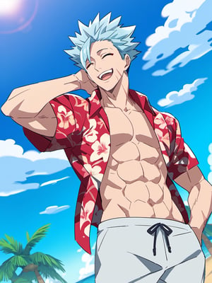1boy, solo, male focus, official art, best quality, amazing quality, best aesthetic, absurdres, ban_nanatsu_no_taizai, blue hair, red eyes, spiked hair, scar, handsome male, hawaiian beach shirt, open clothes, abs, open mouth, smile, happy right hand behind neck, beach, white short pants, sunny day, clouds, from below, slightly closed eyes, relaxed