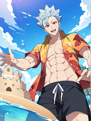 1boy, solo, male focus, official art, best quality, amazing quality, best aesthetic, absurdres, ban_nanatsu_no_taizai, blue hair, red eyes, spiked hair, scar, handsome male, hawaiian beach shirt, open clothes, abs, open mouth, smile, playing sand castle, beach, sunny day, clouds, from below