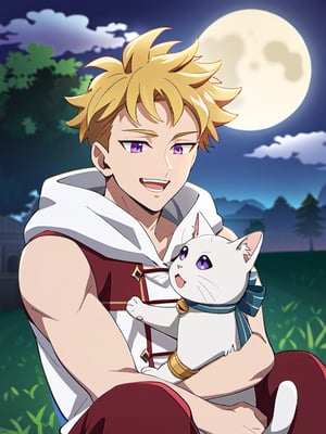 1boy, solo, male focus, official art, best quality, amazing quality, best aesthetic, absurdres, cat beside him, looking at the cat, carrying cat, smile, open mouth, handsome male, lancelot_nnt_mny, blonde hair, purple eyes, short hair, night, moon, (red sleeveless jacket:0.84), white hood, red pants, sitting on grass, relaxed, bow in back
