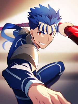 masterpiece, best quality, amazing quality, best aesthetic, absurdres, 1boy, solo, male focus, looking at viewer, lancer_fsn, blue hair, red eyes, long hair, ponytail, spiked hair, fate/stay night, earrings, jewelry, weapon, polearm, spear, holding, holding weapon, holding polearm, dynamic pose, vibrant color, cool grin, nights, steampunk, depth of field