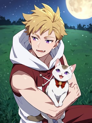 1boy, solo, male focus, official art, best quality, amazing quality, best aesthetic, absurdres, cat beside him, looking to the cat, carrying cat, smile, open mouth, handsome male, lancelot_nnt_mny, blonde hair, purple eyes, short hair, night, moon, (red sleeveless jacket:0.84), white hood, red pants, sitting on grass, relaxed, bow in back
