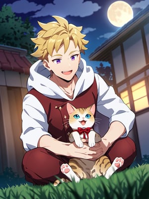 1boy, solo, male focus, official art, best quality, amazing quality, best aesthetic, absurdres, cat beside him, looking at the cat, carrying cat, smile, open mouth, handsome male, lancelot_nnt_mny, blonde hair, purple eyes, short hair, night, moon, red sleeveless jacket, white hood, red pants, sitting on grass, relaxed, bow in back