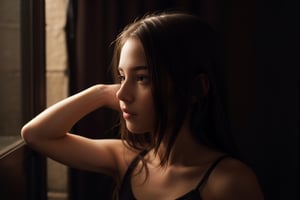 a teenage girl combing her hair, dramatic light, dark background