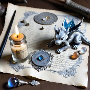 ((ultra ARTISTIC sketch)), (artistic sketch art), Make a 3d DETAILED old torn paper scroll on a scraped old desk (detailed calligraphic texts on the paper, tiny miniature cute sleepy baby dragon scraping on the paper, and silver feather pendant with moonstone ball) crystal, silver coin, little moonstone gem , tiny candle, tiny potion jar,, delicate flowers, ,colorful