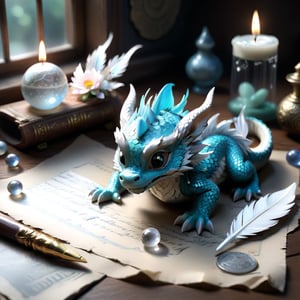 ((ultra ARTISTIC sketch)), (artistic sketch art), Make a 3d DETAILED old torn paper scroll on a scraped old desk (near the window) ,detailed calligraphic texts on the paper, tiny miniature cute tiny baby hatchling dragon  sitting on the paper, feather pendant, moonstone ball) crystal, silver coin, little moonstone gem , tiny candle, tiny potion jar,, delicate flowers, 