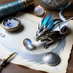 ((ultra ARTISTIC sketch)), (artistic sketch art), Make a 3d DETAILED old torn paper scroll on a scraped old desk (detailed calligraphic texts on the paper, tiny miniature cute sleepy baby dragon scraping on the paper, and silver feather pendant with moonstone ball) crystal, silver coin, little moonstone gem , tiny candle, tiny potion jar,, delicate flowers, ,colorful