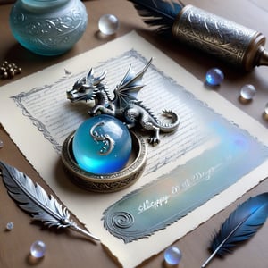 ((ultra ARTISTIC sketch)), (artistic sketch art), Make a 3d DETAILED old torn paper scroll on a scraped old desk (detailed calligraphic texts on the paper, tiny miniature cute sleepy baby dragon sitting on the paper, and silver feather pendant with opal ball) crystal, silver coin, little moonstone gem , tiny candle, tiny potion jar,, delicate flowers, DISORDERED,