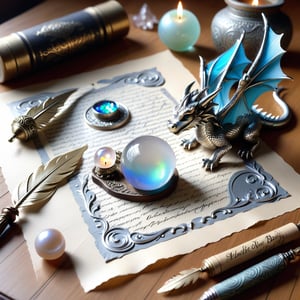 ((ultra ARTISTIC sketch)), (artistic sketch art), Make a 3d DETAILED old torn paper scroll on a scraped old desk (detailed calligraphic texts on the paper, tiny miniature cute sleepy baby dragon scraping on the paper, and silver feather pendant with opal ball) crystal, silver coin, little moonstone gem , tiny candle, tiny potion jar,, delicate flowers, DISORDERED,ral-chrcrts,ChristmasWintery