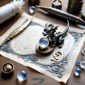 ((ultra ARTISTIC sketch)), (artistic sketch art), Make a 3d DETAILED old torn paper scroll on a scraped old desk (detailed calligraphic texts on the paper, tiny miniature cute sleepy baby dragon scraping on the paper, feather pendant with moonstone ball) crystal, silver coin, little moonstone gem , tiny candle, tiny potion jar,, delicate flowers, 