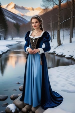 A full body woman with piercing sapphire eyes, adorned in flowing Renaissance attire, completely immersed in her art as a draftsman and graphic designer. She is surrounded by a serene winter landscape, with snow-capped mountains in the distance and a tranquil river flowing gently over smooth rocks. Her love for nature and feminine beauty emanates from every brushstroke and sketch she creates, capturing the harmonious blend of cold winter days and the peaceful calm of the rivers.,druidic,treehouse