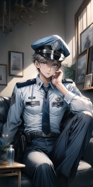 solo, blue eyes, 1boy, sitting, male focus, with police uniform white shirt with tie