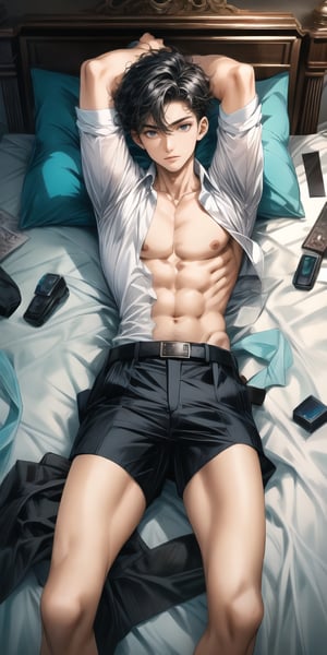 solo, TURQUOISE
 eyes, 1boy, male focus, with police uniform white shirt with tie,Shirtless lying on a bed with sexy pose
