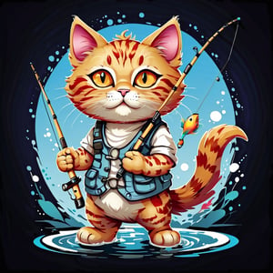 Cat fishing for big fish, Cat fishing for big fish, with a Fishing rod drawn or any other Fishing equipment, ready to take on any challenge. Rendered in an anime style, with a dynamic pose and a bright color scheme. Perfect for a t-shirt design. Retrowive, vector, punk rock, anti design