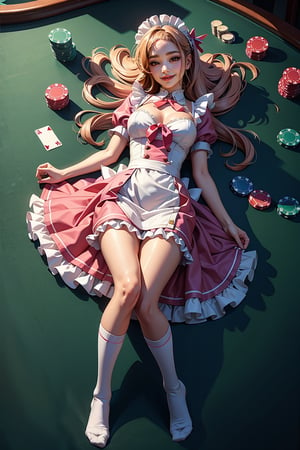 (masterpiece, best quality, ultra-detailed), slim body, ((1girl)), Casino Background, laying on table, from above, ,Maid uniform, frilled skirt, tulle, soft flowy fabric, ribbons, soft lighting, pink, long socks,glowwave