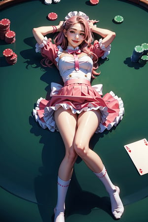 (masterpiece, best quality, ultra-detailed), slim body, ((1girl)), Casino Background, laying on table, from above, ,Maid uniform, frilled skirt, tulle, soft flowy fabric, ribbons, soft lighting, pink, long socks