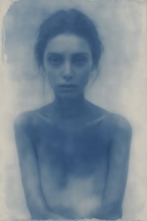distressed cyanotype of beautiful woman, skinny, hands behind back, gloomy