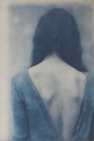 distressed cyanotype of beautiful woman, skinny, hands behind back, gloomy