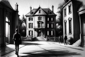 (Back shot) The man walks in the direction of the mansion,chiaroscuro lighting,Film storyboard --ar 16:9, (rough charcoal  black and white sketch) --seed 3777961046


