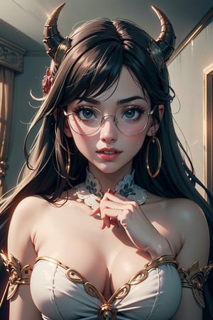 (4k), (masterpiece), (best quality),(extremely intricate), (realistic), (sharp focus), (cinematic lighting), (extremely detailed),

a human-looking dragon maid, with long black hair through which a pair of little white horns and round glass glasses peek out, with red dragon-like eyes, bowing inside a modern house and smiling sweetly
