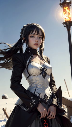 queen knight with long black hair in silver armor marching on a snowy field with her army behind her, the light of a red sun darkens her intimidating gaze, she carries a great sword lit in black flames and a diadem with a brandy crystal on her forehead,sabalt,sabaltrnd,tt_hotengeki
