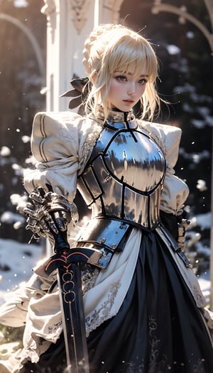 queen knight with long black hair in silver armor marching on a snowy field with her army behind her, the light of a red sun darkens her intimidating gaze, she carries a great sword lit in black flames and a diadem with a brandy crystal on her forehead,sabalt,sabaltrnd