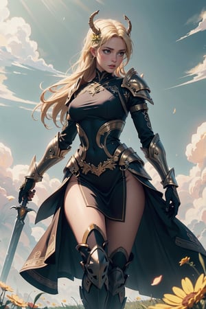 (4k), (masterpiece), (best quality),(extremely intricate), (realistic), (sharp focus), (cinematic lighting), (extremely detailed),

House dragonmaid in black plate armor with macaroon red embroideries, walking across a Meadow covered with blooming wildflowers, her sword raised in defiance. The sun is shining through her flowing long blonde hair giving the scene a slightly yellow tint.

,flower4rmor, flower warrior armor,Flower
,blessedtech, scifi, yellow hues
,stealthtech
,glyphtech