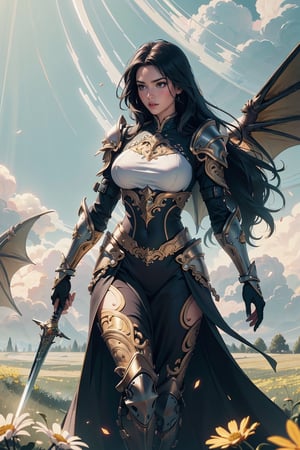 (4k), (masterpiece), (best quality),(extremely intricate), (realistic), (sharp focus), (cinematic lighting), (extremely detailed),

House dragonmaid in black plate armor with macaroon red embroideries, walking across a Meadow covered with blooming wildflowers, her sword raised in defiance. The sun is shining through her flowing long black hair giving the scene a slightly yellow tint.

,flower4rmor, flower warrior armor,Flower
,blessedtech, scifi, yellow hues
,stealthtech
,glyphtech