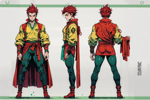 Model sheet from Official Handbook (Master Edition): used for three views (front, side and back). 1boy, warrior, Red Hair, Yellow eyes, urban clothing dark, green shirt, black pant, red shoes, White aura, magician.