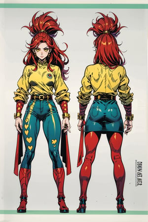 Model sheet from Official Handbook of the Marvel Universe (Master Edition): used for three views (front, side and back). 1girl, warrior, Red Hair, Yellow eyes, urban clothing, green shirt, black pant, red shoes, White aura, magician.
