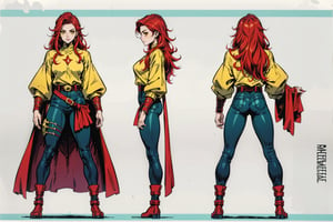 Model sheet from Official Handbook of the Marvel Universe (Master Edition): used for three views (front, side and back). 1girl, warrior, Red Hair, Yellow eyes, urban clothing dark, green shirt, black pant, red shoes, White aura, magician.