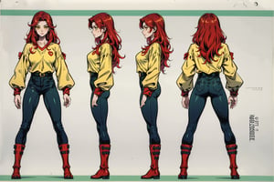 Model sheet from Official Handbook (Master Edition): used for three views (front, side and back). 1girl, warrior, Red Hair, Yellow eyes, urban clothing dark, green shirt, black pant, red shoes, White aura, magician.