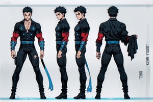 Model sheet from Official Handbook (Master Edition): used for three views (front, side and back). 1boy, warrior, Black Hair, brown eyes, urban clothing dark, Black shirt, blue pant, white shoes, White aura, magician, Skinny body.