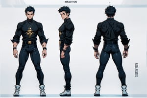 Model sheet from Official Handbook (Master Edition): used for three views (front, side and back). 1boy, warrior, Black Hair, brown eyes, urban clothing dark, Black shirt, blue pant, white shoes, White aura, magician.