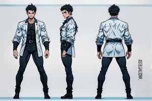 Model sheet from Official Handbook (Master Edition): used for three views (front, side and back). 1boy, warrior, Black Hair, brown eyes, urban clothing dark, Black shirt, blue pant, white shoes, White aura, magician, Skinny body, italian clothes.