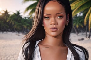Rihanna, fullbody view, looking directly at viewer, soft smile, beautifully detailed light brown eyes, cute beach attire, tropical beach setting, coconut_trees, sunset, beutiful soft sunrays, ambient lighting, late afternoon, realistic textures, photoshoot, photorealistic, 4k, high definition, blurred background, Rihanna as focal point,realism