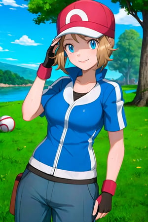 (masterpiece, highres, best quality:1.3), serenash, outdoors, hat, gloves, solo, blue eyes, fingerless gloves, closed mouth, day, eyelashes, 1girl, cosplay, blue jacket, grass, short hair, short sleeves, red headwear, black gloves, jacket, sky, pants, cloud, baseball cap, hand on headwear, smile, grey pants, bangs, hand up, light brown hair, collarbone, shirt, tree, water, gonzarez, large_belly 