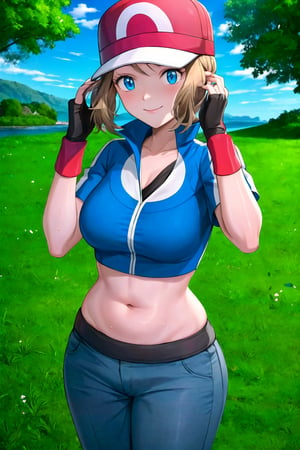 (masterpiece, highres, best quality:1.3), serenash, outdoors, hat, gloves, solo, blue eyes, fingerless gloves, closed mouth, day, eyelashes, 1girl, cosplay, blue jacket, grass, short hair, short sleeves, red headwear, black gloves, jacket, sky, pants, cloud, baseball cap, hand on headwear, smile, grey pants, bangs, hand up, light brown hair, collarbone, shirt, tree, water, gonzarez, large_belly 