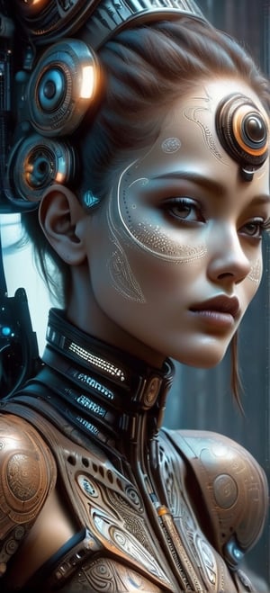 a brown  black and white tribal face with dots on it, in the style of futuristic space elements glamour, animated gifs, stefan gesell, algorithmic artistry, android jones, tim hildebrandt, pop art with a dark side consumer culture blade runner dune Hr Giger,style