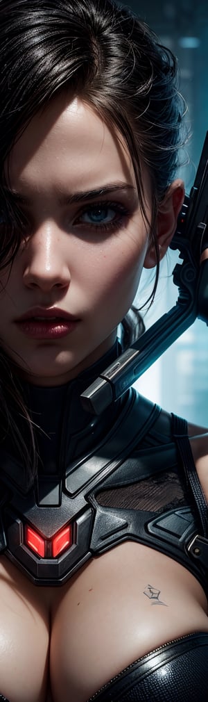 A close-up of an enraged female cyborg holding a futuristic gun, with ultra-realistic CG rendering reminiscent of CGSociety's Unreal Engine 9 by artist Antoine Collignon. The stunning cyborg woman exudes a blend of beauty and cyberpunk fierceness, resembling a captivating goddess straight out of a high-tech game or movie, alluring viewers with her perfect features and