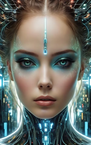 (best quality,8K,highres,masterpiece), ultra-detailed, (surreal portrait of flawless Android beauty), a flawless Android beauty portrayed in a surreal portrait style using hand-tinted acrylics. The portrait showcases a hyper-detailed face with flawless black shiny eyes, exuding an otherworldly allure. The Android's long, messy "hair" consists of intricate circuitry patterns, adding to the surreal and futuristic aesthetic. Rendered in the style of Gabriel Pacheco, the portrait is a stunning masterpiece with perfect composition and beautiful hyper-detailing. Every aspect of the Android's appearance is depicted with hyper-realism, capturing the intricacies of her features with sharp focus and high-quality execution. Feel free to add your own creative touches to enhance the surreal beauty and artistic impact of this captivating portrait., ct-nijireal