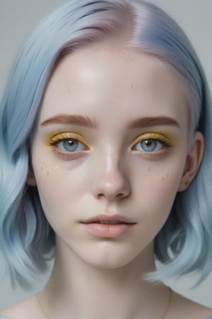 Photo of a young woman with pastel blue hair, natural-looking, yellow eyeshadow, pale skin, freckles, pastel colors