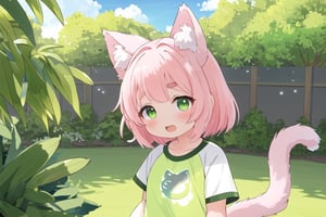 (aesthetic masterpiece), ultra-HD image quality, highly detailed illustration with a modern kawaii anime style, a rich and varied pastel color palette, an adorable single female character with a lively and dynamic expression, wearing an intricate cat costume with fluffy cat ears and a swaying tail, large and sparkling emerald green eyes with realistic light reflections, stylish short pink hair with complex highlights and shadows, prominent thick eyebrows with perfect shape, bangs pinned back with subtle hair accessories, cheeks blushing with a natural blush effect, wearing a clean white shirt with a matching sports T-shirt, short sleeves with fine stitching details, combining sportswear with comfortable and stylish black shorts, posing against a bright school track background and refreshing open air, with additional environmental elements like lush trees, a blue sky with drifting clouds, and soft sunlight filtering through the leaves