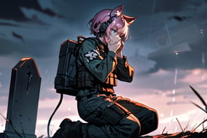 profile view, Best Quality, military wolf girl, wolf ears, half ear cut off, half ear, pink hair, blue eyes, blood on face, wolf fangs, scar across eye, u9 tactical headset, tactical shirt, blood on arm, hands on the face, dog tag in hands, tactical vest with chargers, tactical pants, tactical boots, kneeling in the ground, in front of 3 gravestones, on a mountain, rainy evening, view of the sky, 