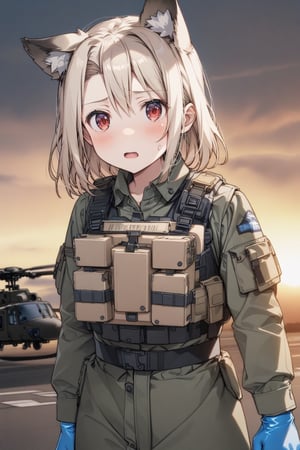 illyasviel von Einzbern, long_hair, blonde_hair, red_eyes, hair_between_eyes, bangs, white_hair, tactical paramedic, wolf ears, blue latex gloves, tactical vest with magazines, tactical first aid kit, An Apache helicopter in the background, at sunset with a cloudy sky, best quality, 