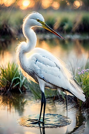 masterpiece, high quality, realistic aesthetic photo ,(HDR:1.2), pore and detailed, intricate detailed, graceful and beautiful textures, RAW photo, 16K, sharp forcus, (vibrant colors), high-contrast, cinematic lighting, 
White-egret standing in the wetland, ultra-detailed