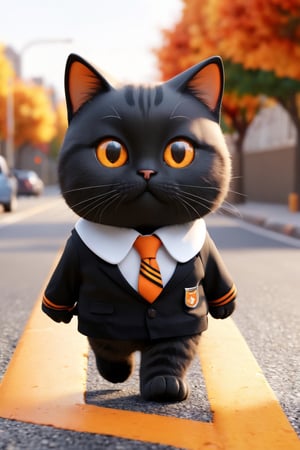 3D, eye all black, orange, cute, plump cat wearing a school uniform walking on the road, act like human