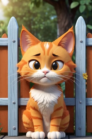 orange cute cat facing a fence feeling sad, 3D cartoon, disney style