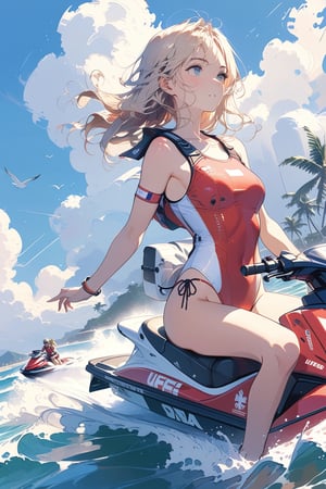 masterpiece, best quality, aesthetic, beautiful details, perfect focus, uniform 8K wallpaper, high resolution, detailed texture,
(perfect eyes, perfect anatomy, perfect face, perfectly drawn face, detailed face, detailed body):1.5, 

(A lifeguard girls, lifeguard outfit, lifeguard swimsuit, lifeguard jacket, red_clothes):2.0, ocean, scenery, (woman on jetski, jet_ski, riding jetski, sitting on jetski, full_body):4.0, dynamic_pose, dynamic pose, (from_behind):2.0